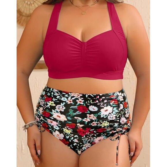 Daci Plus Size 22W Two-Piece Swimsuit High-Waisted Bottom Ruched Floral Bikini - Picture 3 of 9